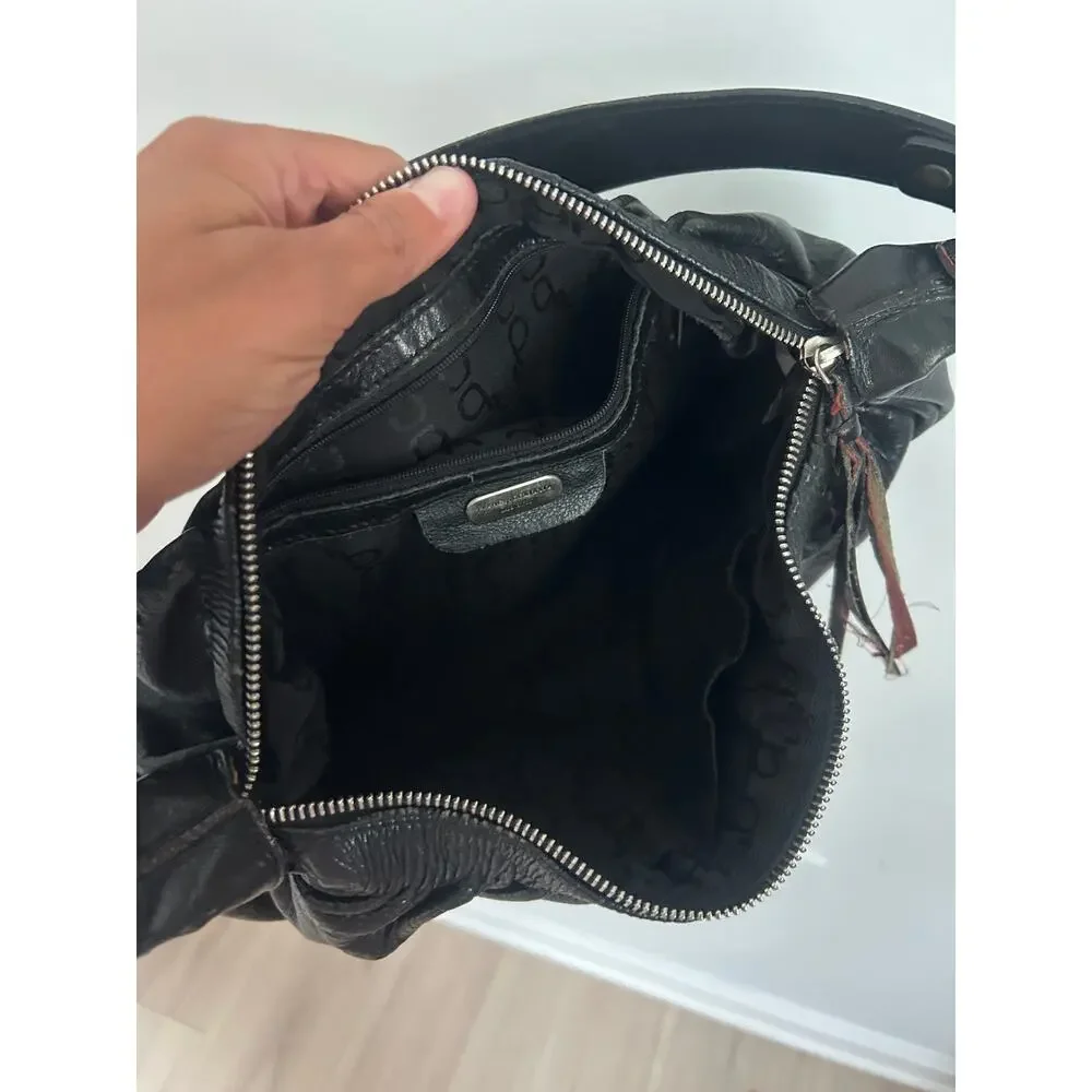 Francesco Biasia Black Leather Shoulder Bag – Made in Italy Ruched Slouchy Hobo